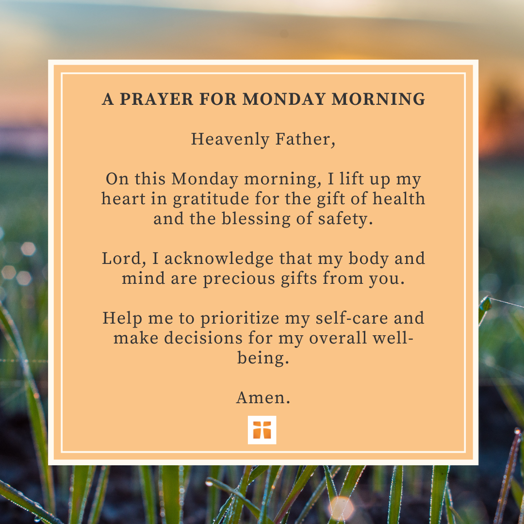 monday morning prayer on a light orange square with a sunrise in the background