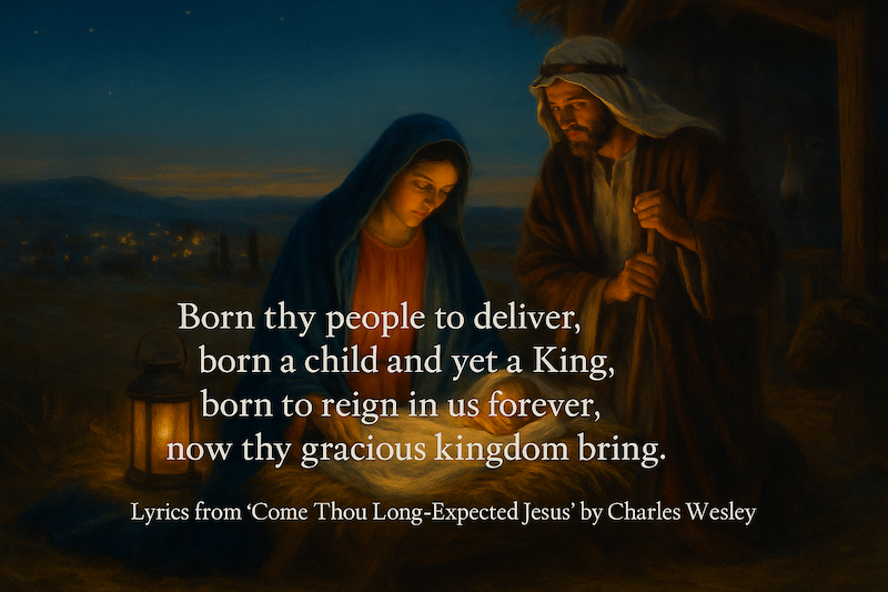 nativity scene with lyrics to Come, Thou Long-Expected Jesus