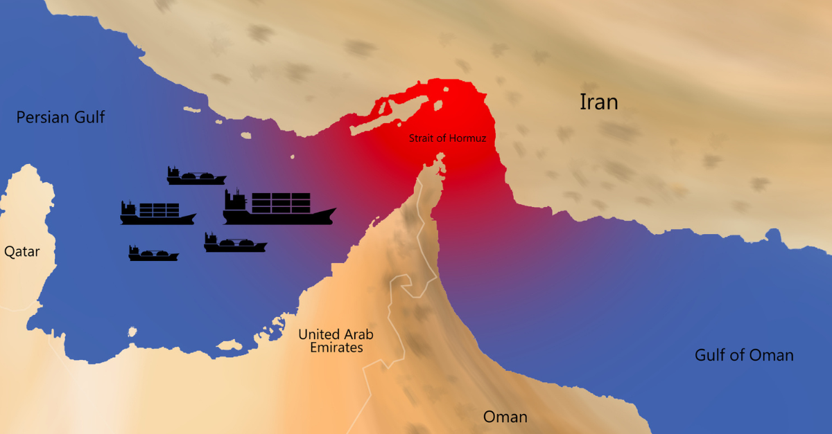 Map showing the Strait of Hormuz and its role in global oil supply routes.